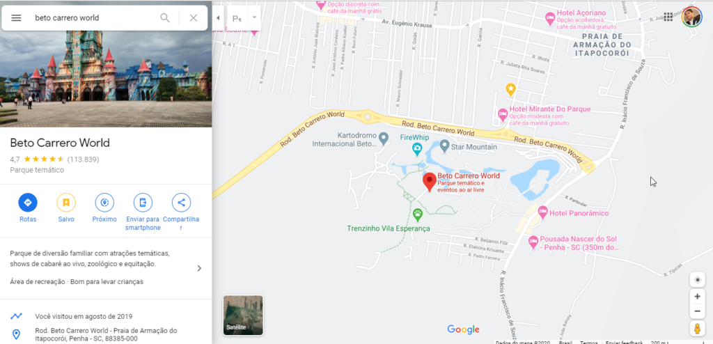 Imagem do Google Maps mostrando onde fica o parque beto carrero world.
